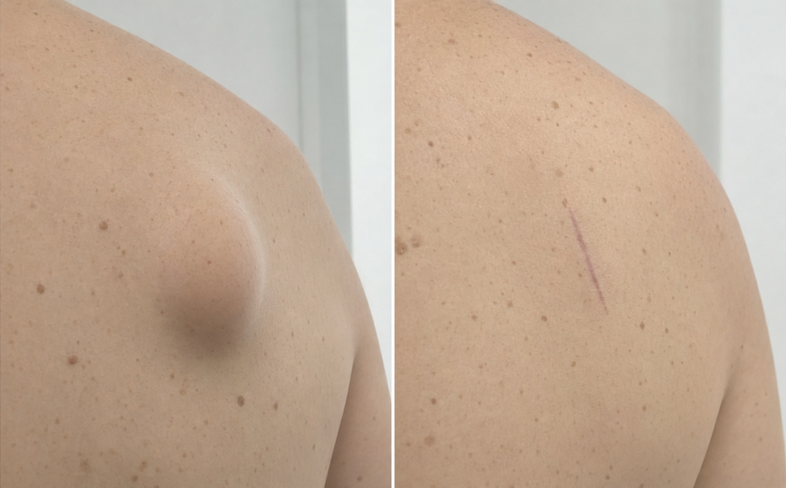 Before and after bump removal on the shoulder